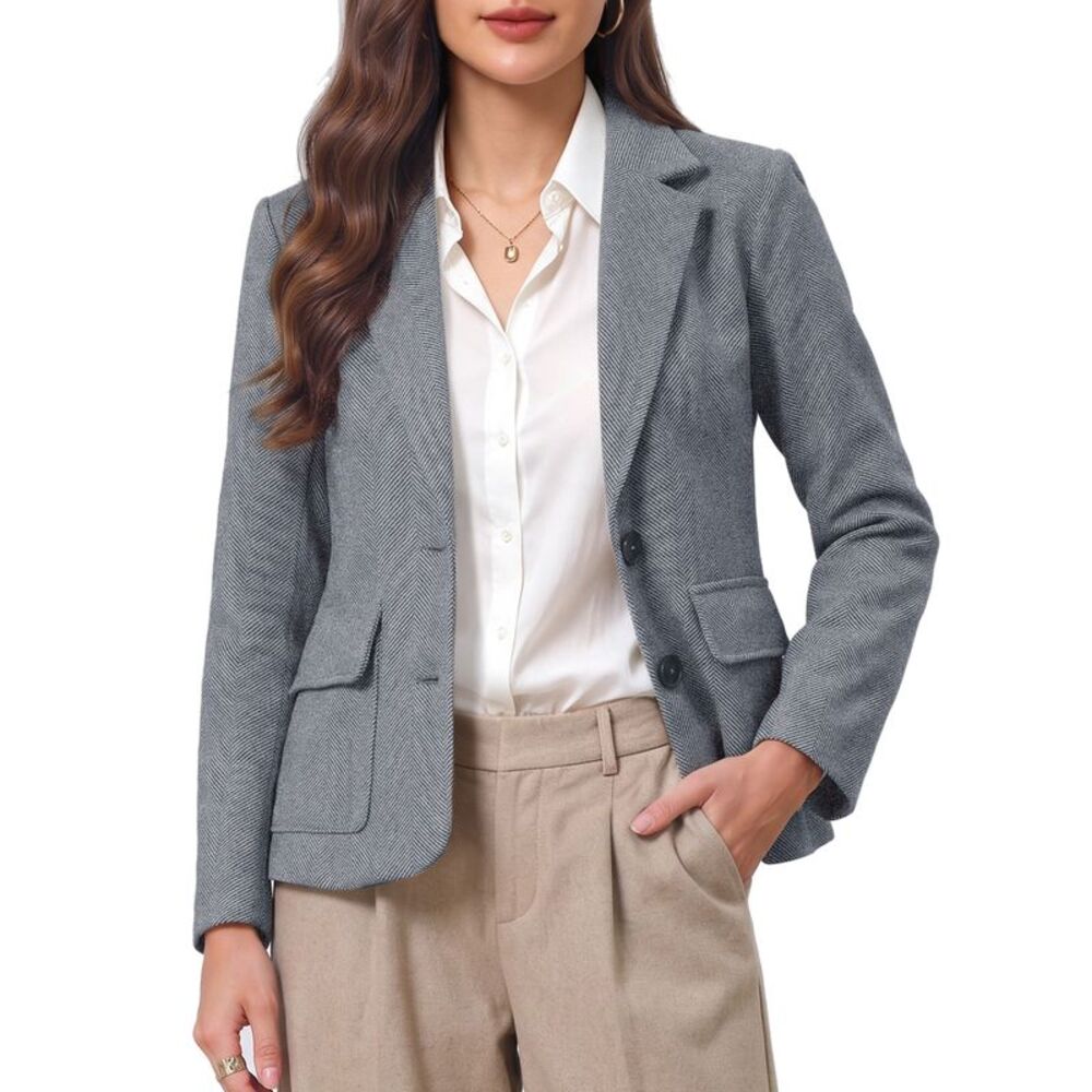 Women Blazers Herringbone Tweed Business Casual Suit Jackets Grey